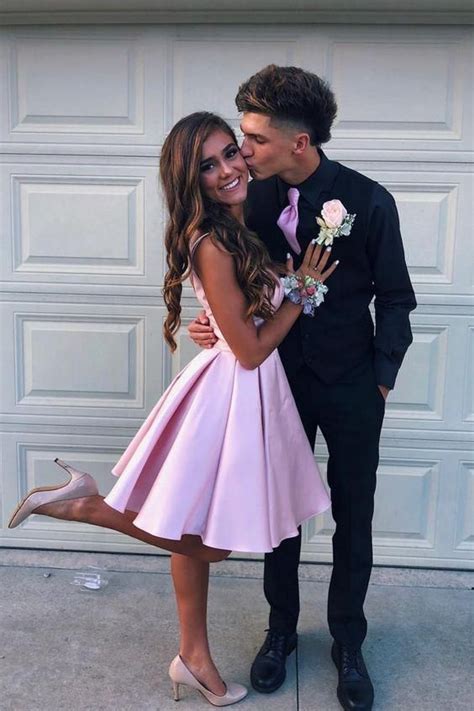 Simple V Neck Straps Short Pink Homecoming Dress Backless Satin Sweet 16 Dresses H1210 | Prom ...