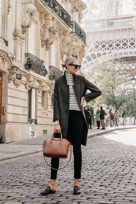 Eiffel Tower Paris France Blonde Woman Wearing Green Wool Coat Black White Stripe Turtleneck ...