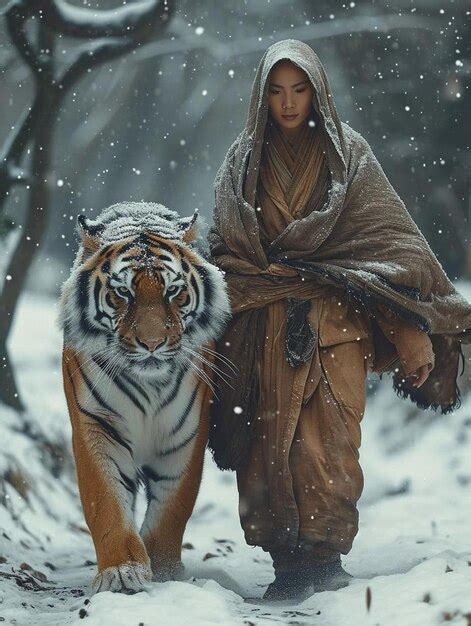 Premium Photo | A woman walking a tiger in the snow