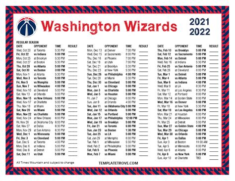 Printable 2021-2022 Washington Wizards Schedule