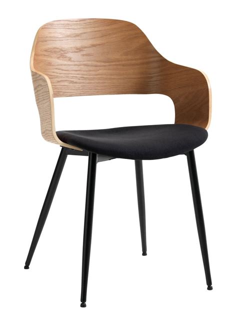 a wooden chair with black legs and a white back ground, it is made from ...