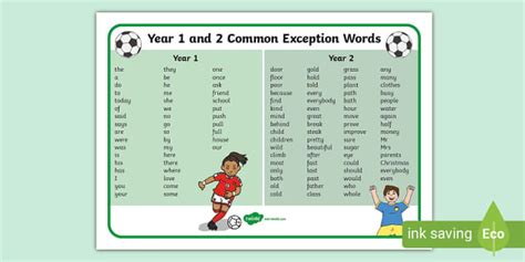 Football Themed Common Exception Words - KS1 Word Mat