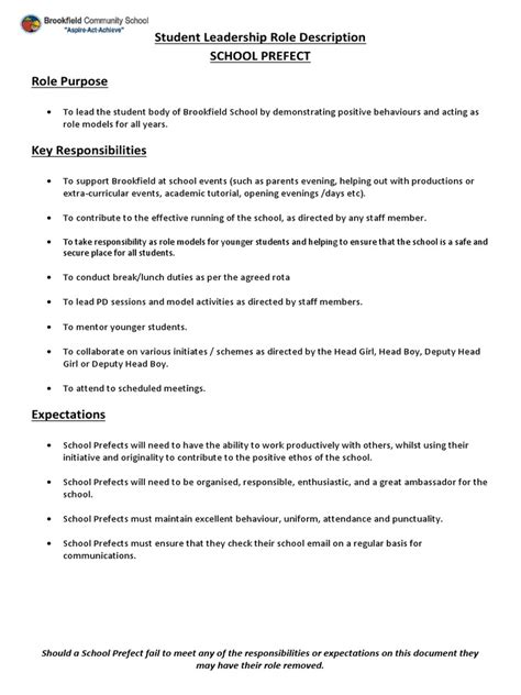 Student Leadership Role Description School Prefect Role Purpose | PDF