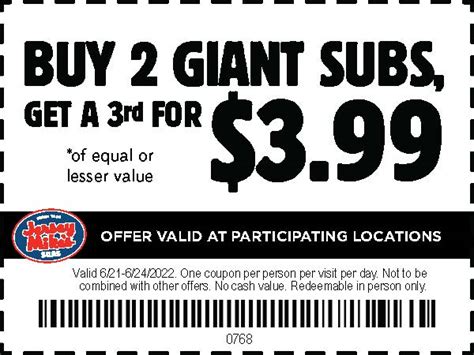 Jersey Mike's Subs Coupon Code: Buy 2, Get 3rd for $3.99 Use code: SUMMER