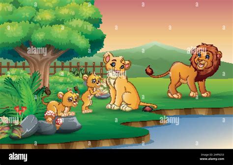 Lion family cartoon are enjoying nature by the river Stock Vector Image ...