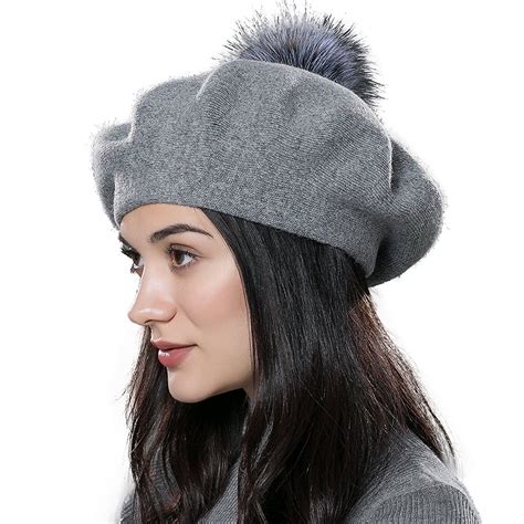 Winter Wool Beret Hat Fox Fur Pom Pom Hat Womens Knit Beanie - Dark Gray - CI17Z76NX7R - Hats ...