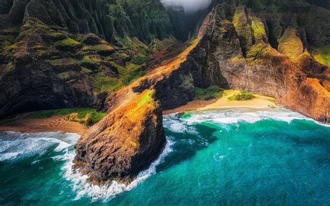 Wallpaper : 1920x1200 px, aerial view, beach, cliff, coast, Hawaii, Kauai, landscape, mountain ...