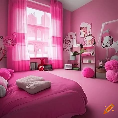 Pink-themed bedroom with cute plushies and bright light on Craiyon