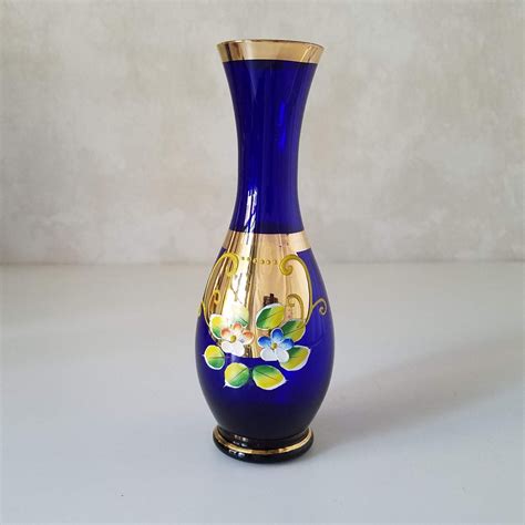 Bohemian Blue Glass Vase, Cobalt Blue Czech Glass Enameled with Gold ...