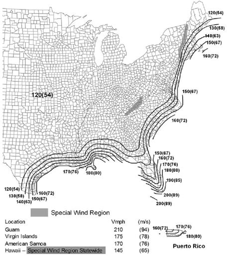 5 basic wind speeds for part of the United States of America (ASCE 7-10 ...