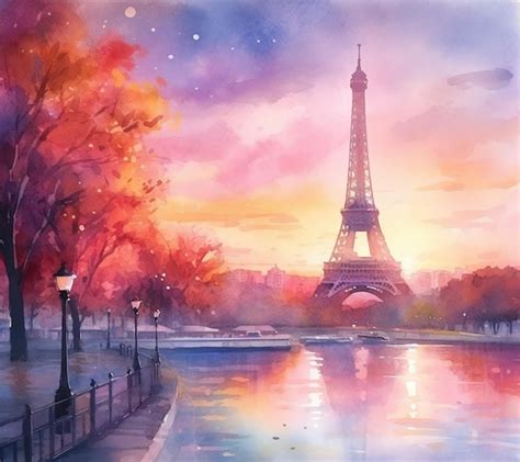 Premium AI Image | A painting of a sunset with eiffel tower in the ...