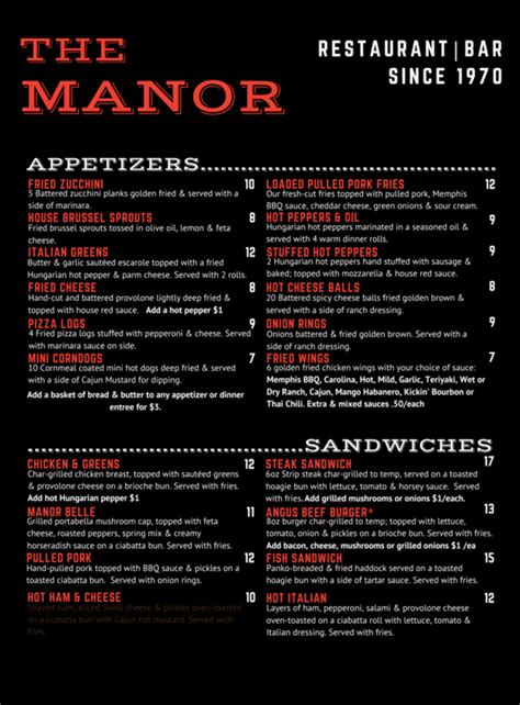 The Manor Restaurant Menu