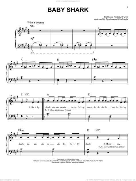 Baby Shark, (easy) sheet music for piano solo (PDF-interactive)