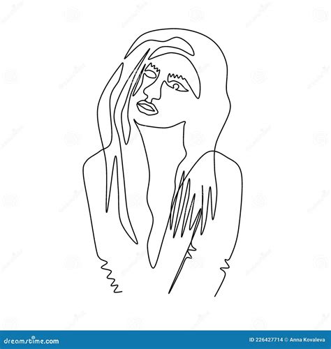 A Girl with a Sad, Thoughtful Face. Trendy Line Art Woman Body ...