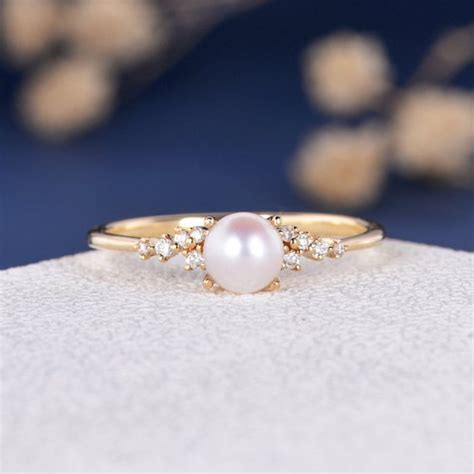 5mm Akoya Pearl Engagement Ring Flower Unique Wedding Yellow Gold