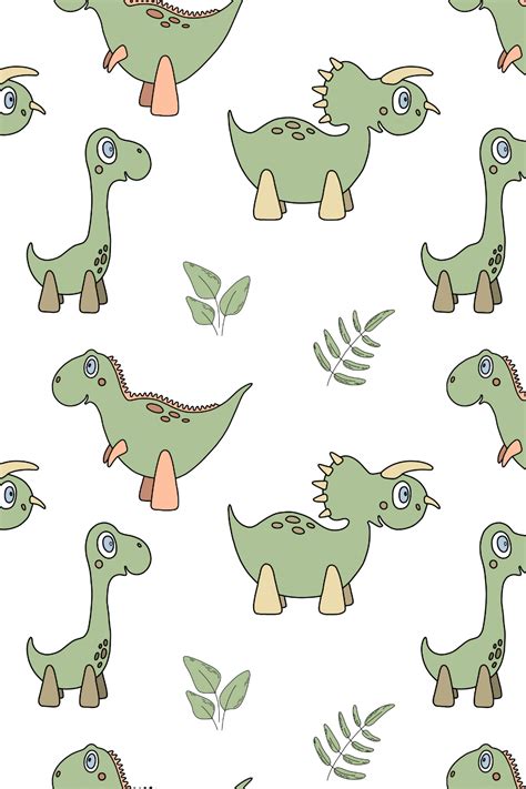 Cute Green Dinosaurs and Leaves Seamless Pattern