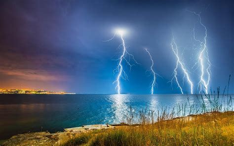 nature, Landscape, Lightning, Coast, Storm, Sea, Clouds, City, Shrubs Wallpapers HD / Desktop ...