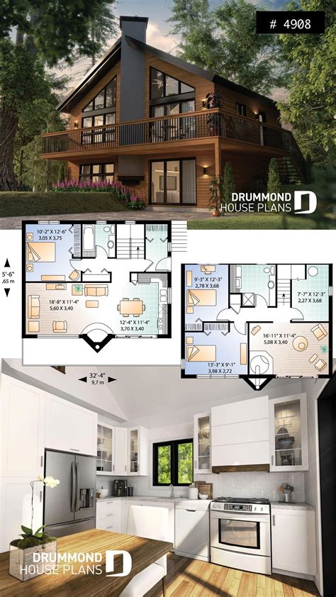 Ski chalet house plan with master on main level, 2 living rooms, 3 bedrooms, walkout basement ...