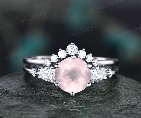 Unique Rose Quartz Wedding Ring Set Vintage Rose Quartz - Etsy