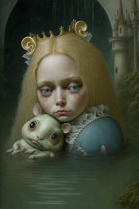 a painting of a girl holding a frog in the water