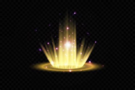 Yellow magic portal. Futuristic teleport. light effect. Blue candles beams of a night scene with ...