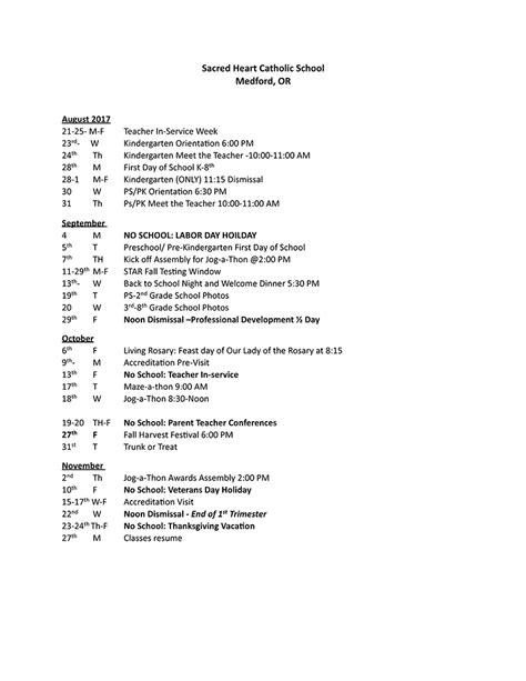 Key Dates Calendar – Sacred Heart Catholic School