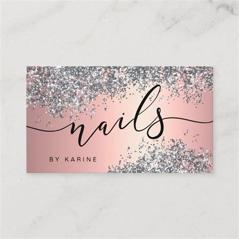 Elegant stylish silver glitter metallic nails business card | Zazzle ...