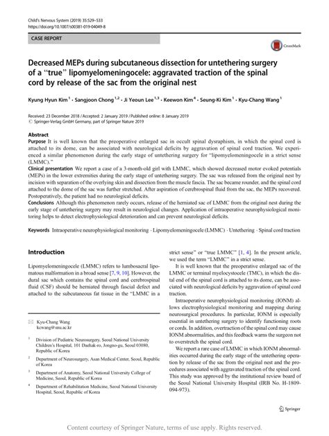 Decreased MEPs during subcutaneous dissection for untethering surgery of a “true ...