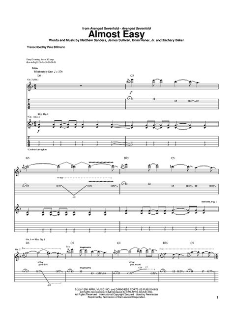 Almost Easy" Sheet Music by Avenged Sevenfold for Guitar Tab - Sheet ...