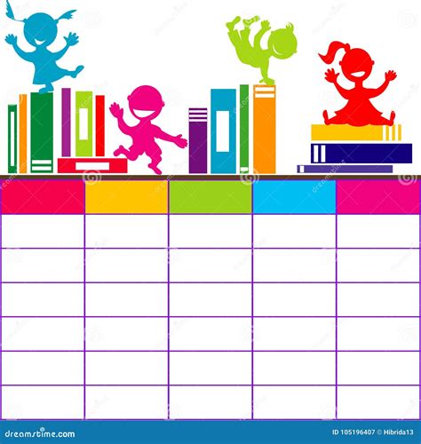 School Timetable with Books and Cartoon Kids Playing Stock Vector - Illustration of library ...