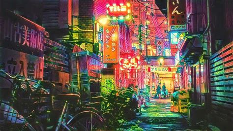 Download A Neon Lit Alley With A Bicycle And A Sign Wallpaper ...