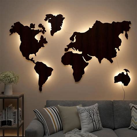 World Map Backlit Wood Wall Décor / Night Light, Walnut Finish - WallMantra