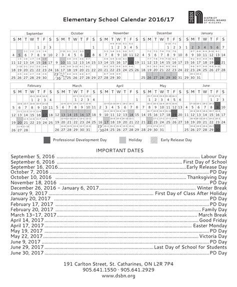 Elementary School Calendar - September to January