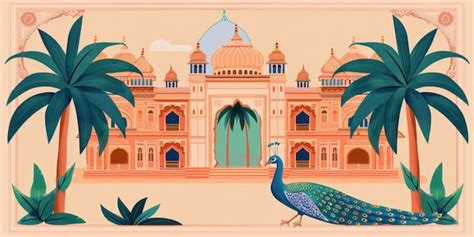 Premium Photo | A flat design poster with a pastel pink background featuring an Indian palace a ...