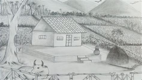 Pencil drawing,farm threshing with old home scenery drawing. - YouTube