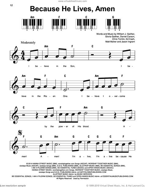 Because He Lives, Amen, (beginner) sheet music for piano solo