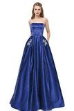 Simple Royal Blue Satin Strapless Beads Lace up Floor Length Prom ...