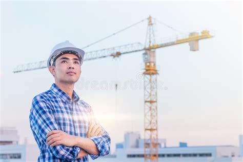 The Architect Wear White Helmet Safty on Construction Site with. Stock Image - Image of ...