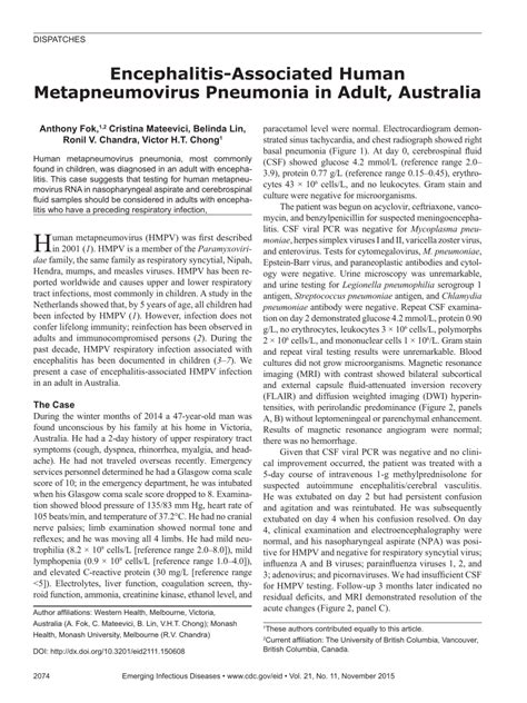 (PDF) Encephalitis-Associated Human Metapneumovirus Pneumonia in Adult ...