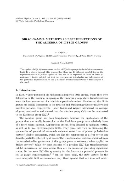 (PDF) Dirac Gamma Matrices as Representations of the Algebra of Little ...