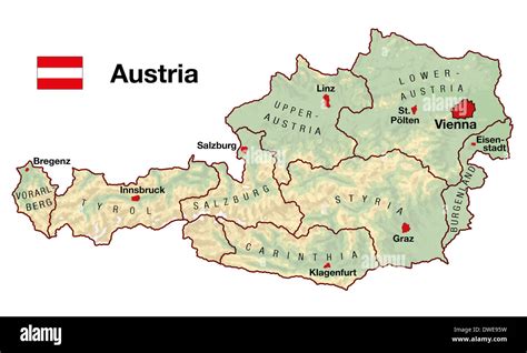 Topographic map of Austria in Europe with cities, federal states ...