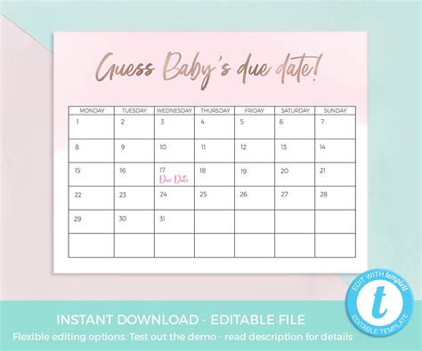 Downloadable Printable Free Guess Baby Due Date Calendar Template ...