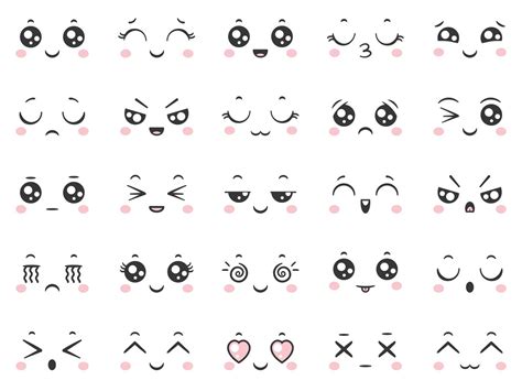 Cute doodle emoticons with facial expressions. Japanese anime style em ...