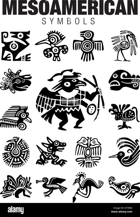 Set of Mesoamerican Symbols in black color on white background Stock ...