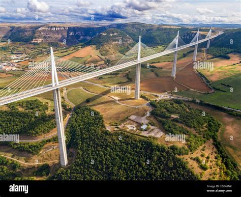 Aerial view Millau viaduct by architect Norman Foster, between Causse du Larzac and Causse de ...