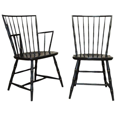 Pair of Black Lacquer and Faux Bamboo Windsor Chairs by Nichols and Stone | Chairish Old ...