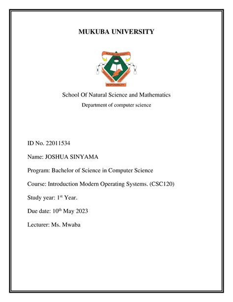 Operating System - MUKUBA UNIVERSITY School Of Natural Science and Mathematics Department of ...