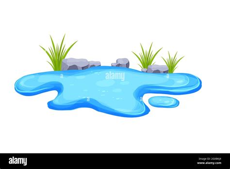 Pond, water puddle with grass and stones in cartoon style isolated on ...