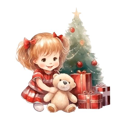 A Little Girl Hugs A Teddy Bear Near The Christmas Tree With Gifts, Kids Gift, Christmas Kids ...