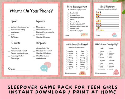 5 Printable Sleepover Games Party Games for Teenage Girls and - Etsy